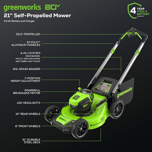 Greenworks 80V 21-Inch Brushless Self-Propelled Cordless Lawn Mower with 4.0Ah Battery and Charger