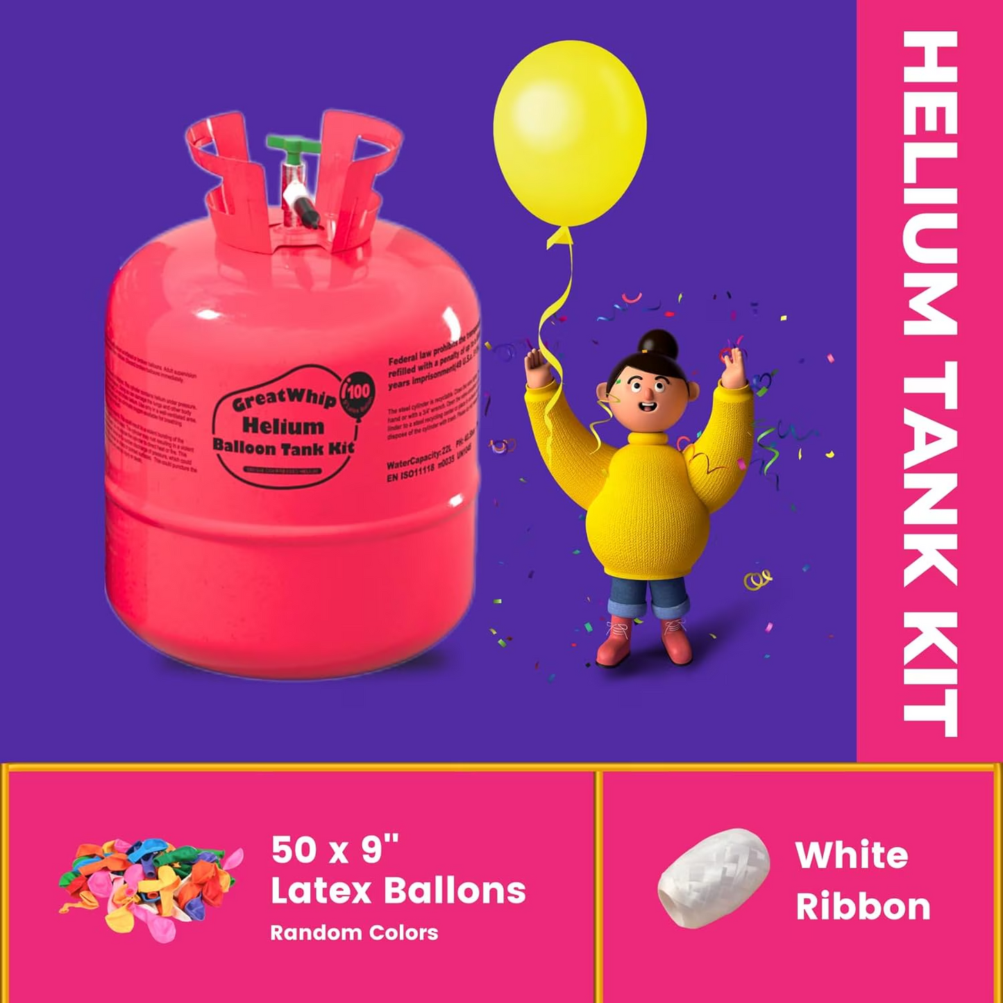 GreatWhip 22L Disposable Helium Tank Kit – Fills Up to 100 9-Inch Latex Balloons, Includes 50 Balloons & Ribbon