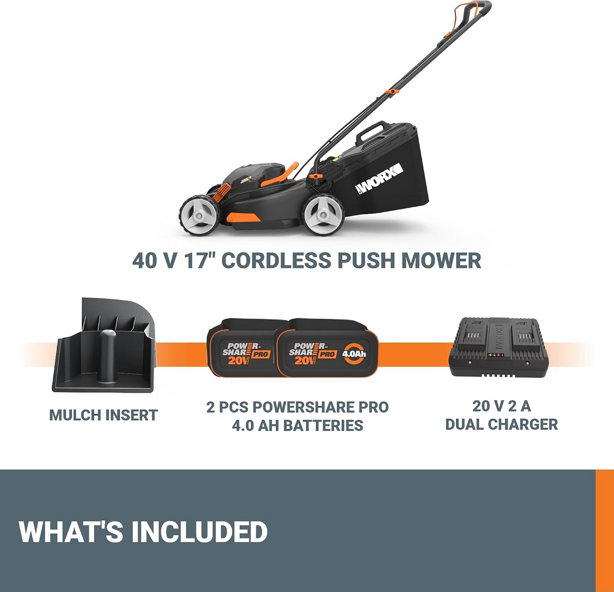 WORX WG743 40V Power Share 17-Inch Cordless Push Lawn Mower Kit with Two 4Ah Batteries and Dual Charger