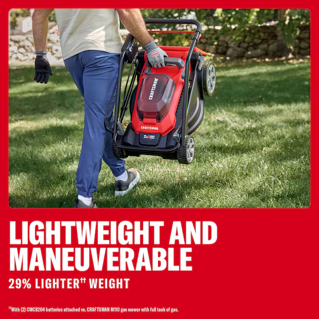 CRAFTSMAN V20 CMCMWP120M2 15-Inch Cordless Push Lawn Mower Kit with Two 4Ah Batteries, Chargers and Bagger