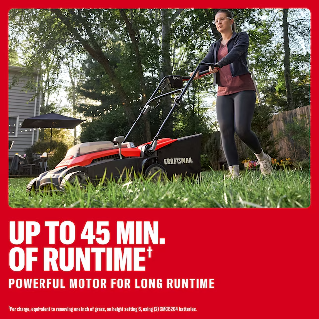 CRAFTSMAN V20 CMCMWP120M2 15-Inch Cordless Push Lawn Mower Kit with Two 4Ah Batteries, Chargers and Bagger