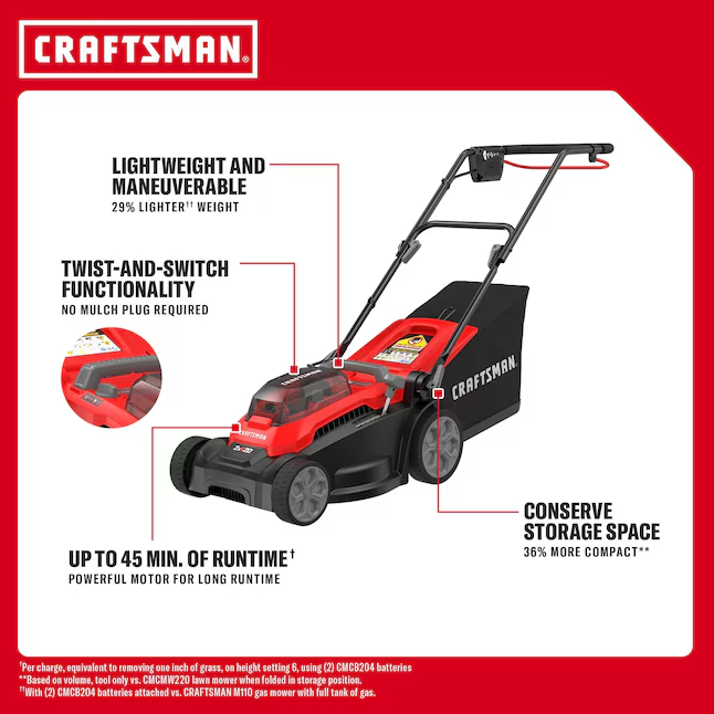 CRAFTSMAN V20 CMCMWP120M2 15-Inch Cordless Push Lawn Mower Kit with Two 4Ah Batteries, Chargers and Bagger