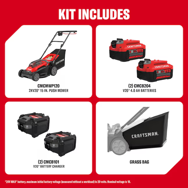 CRAFTSMAN V20 CMCMWP120M2 15-Inch Cordless Push Lawn Mower Kit with Two 4Ah Batteries, Chargers and Bagger
