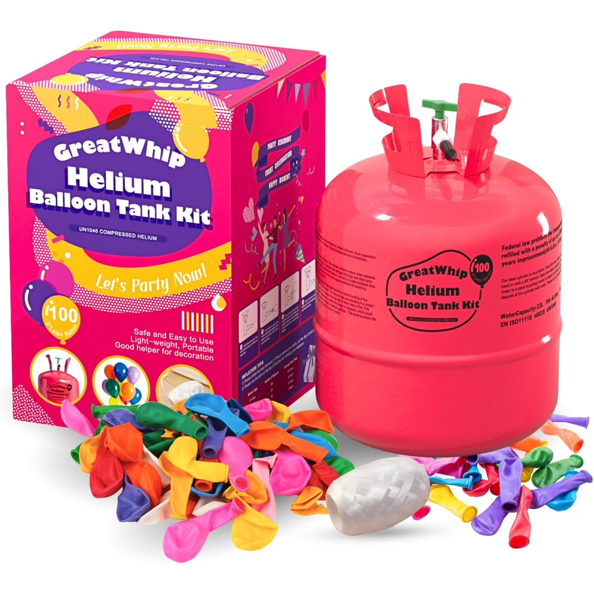 GreatWhip 22L Disposable Helium Tank Kit – Fills Up to 100 9-Inch Latex Balloons, Includes 50 Balloons & Ribbon