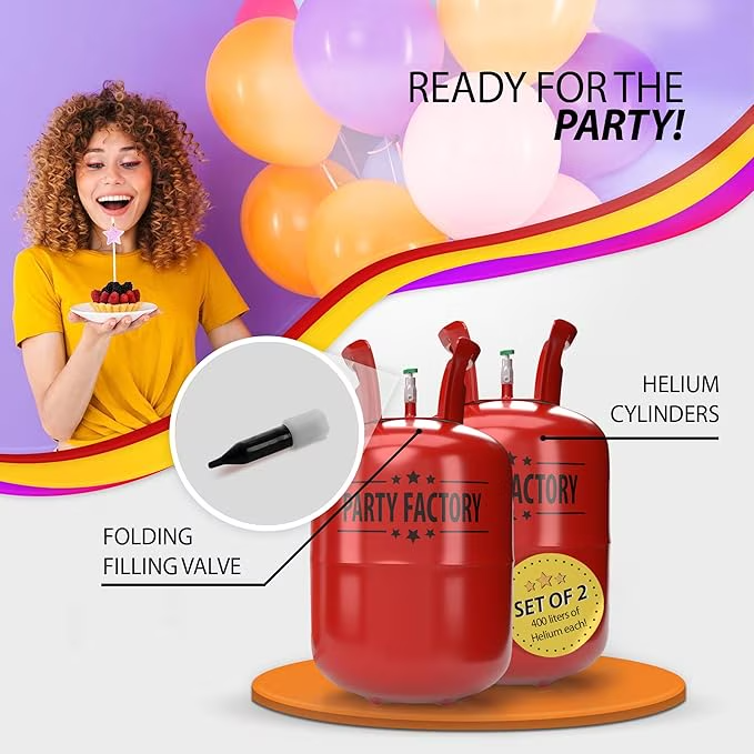 Party Factory 2-Pack 400L Disposable Helium Tank Kit – Fills Up to 100 9-Inch Balloons with Easy-Fill Valves