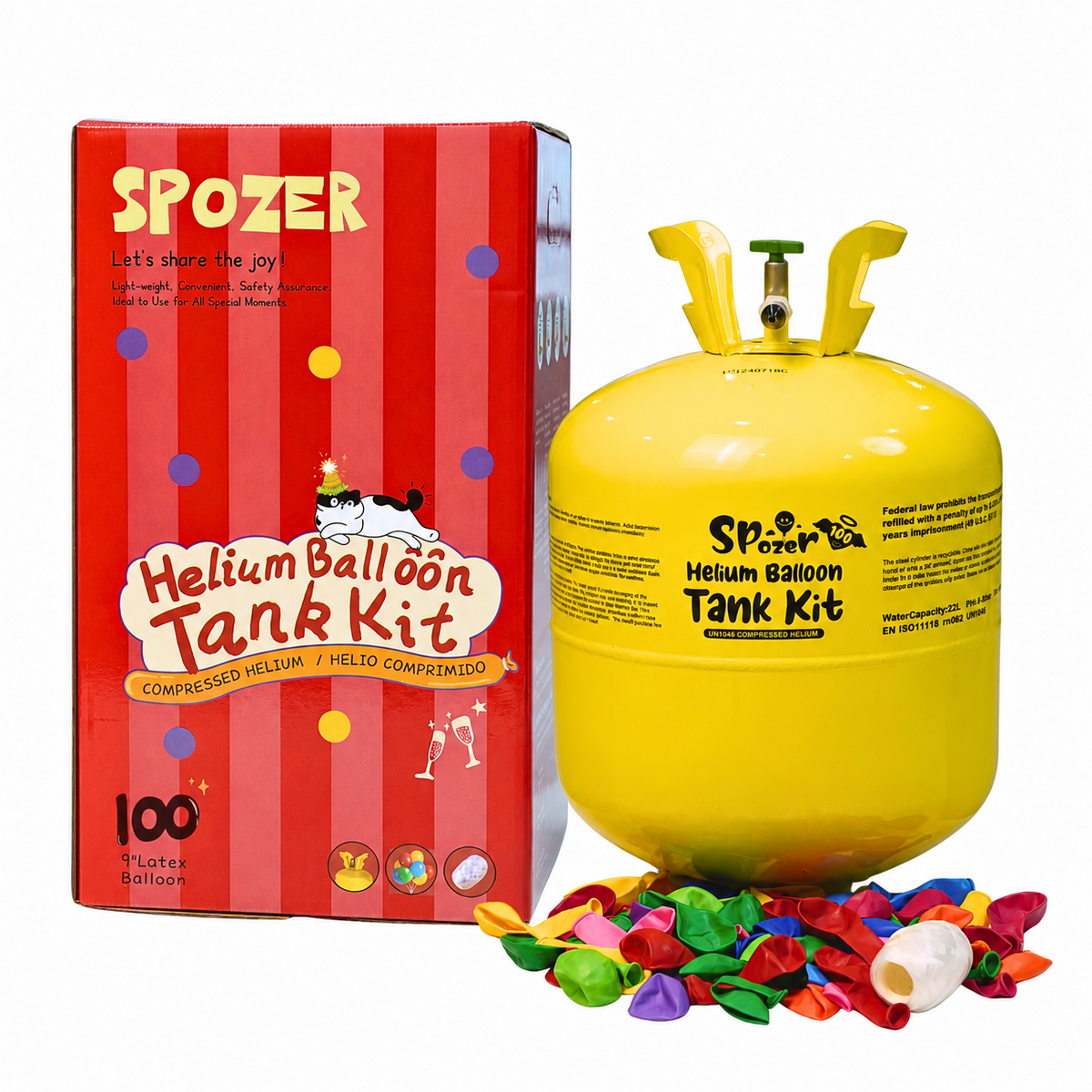 Spozer 22L Disposable Helium Tank Kit – Fills Up to 100 9-Inch Balloons with 50 Latex Balloons & White Ribbon