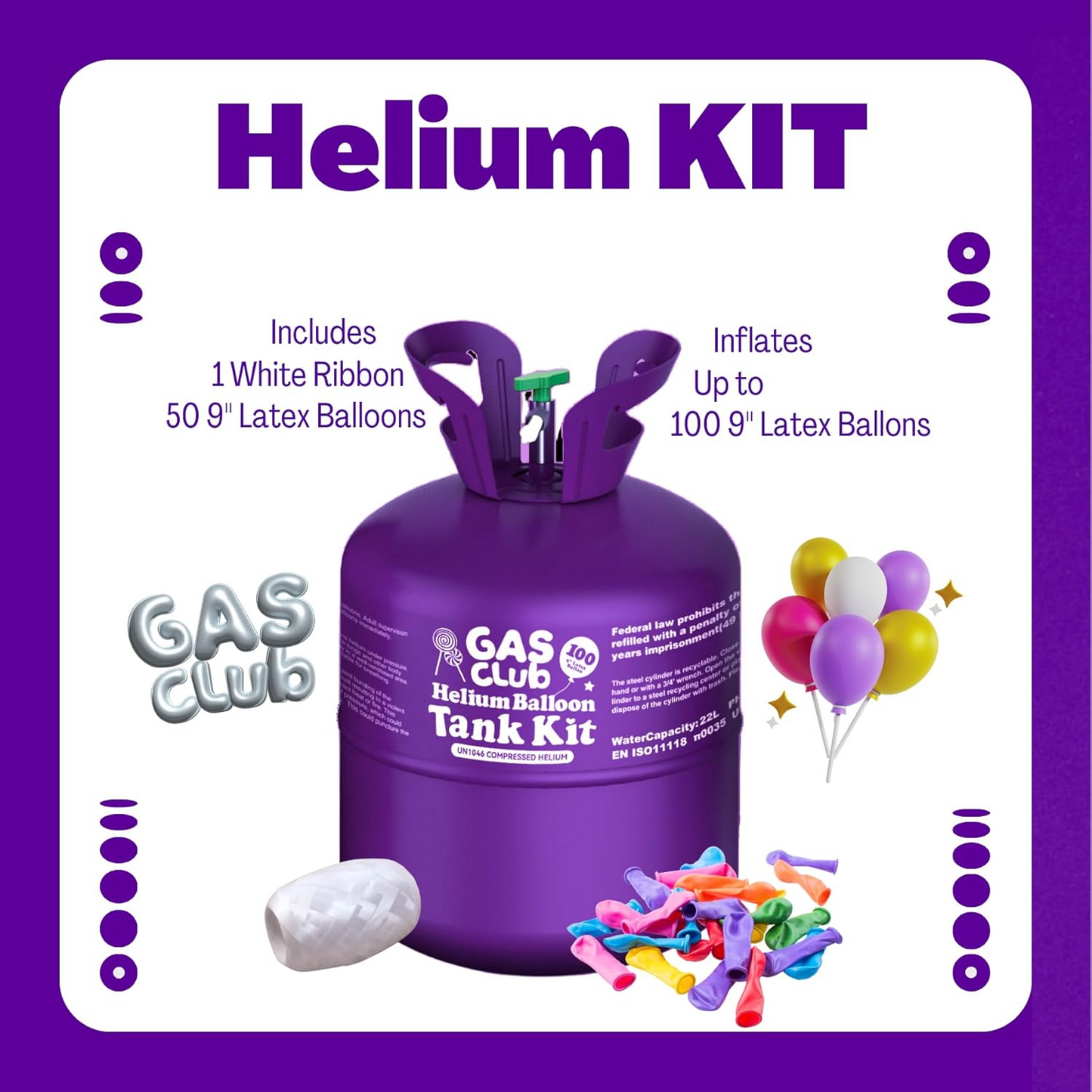 GasClub 22L Disposable Helium Tank Kit – Fills Up to 100 9-Inch Latex Balloons with 50 Balloons & Ribbon