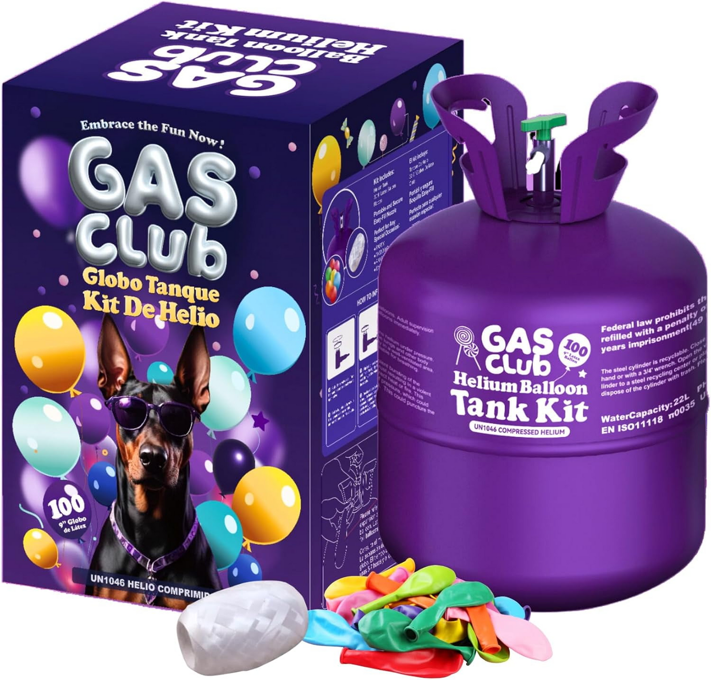 GasClub 22L Disposable Helium Tank Kit – Fills Up to 100 9-Inch Latex Balloons with 50 Balloons & Ribbon