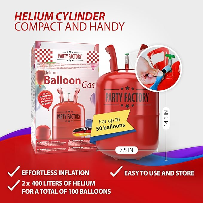 Party Factory 2-Pack 400L Disposable Helium Tank Kit – Fills Up to 100 9-Inch Balloons with Easy-Fill Valves